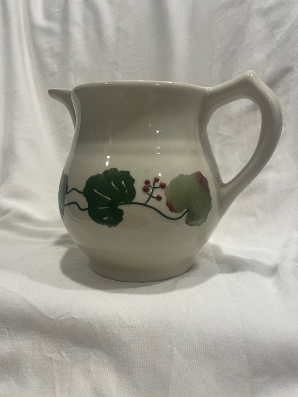 Cream Ceramic Water Pitcher with Green Leaf & Red Berry Motif